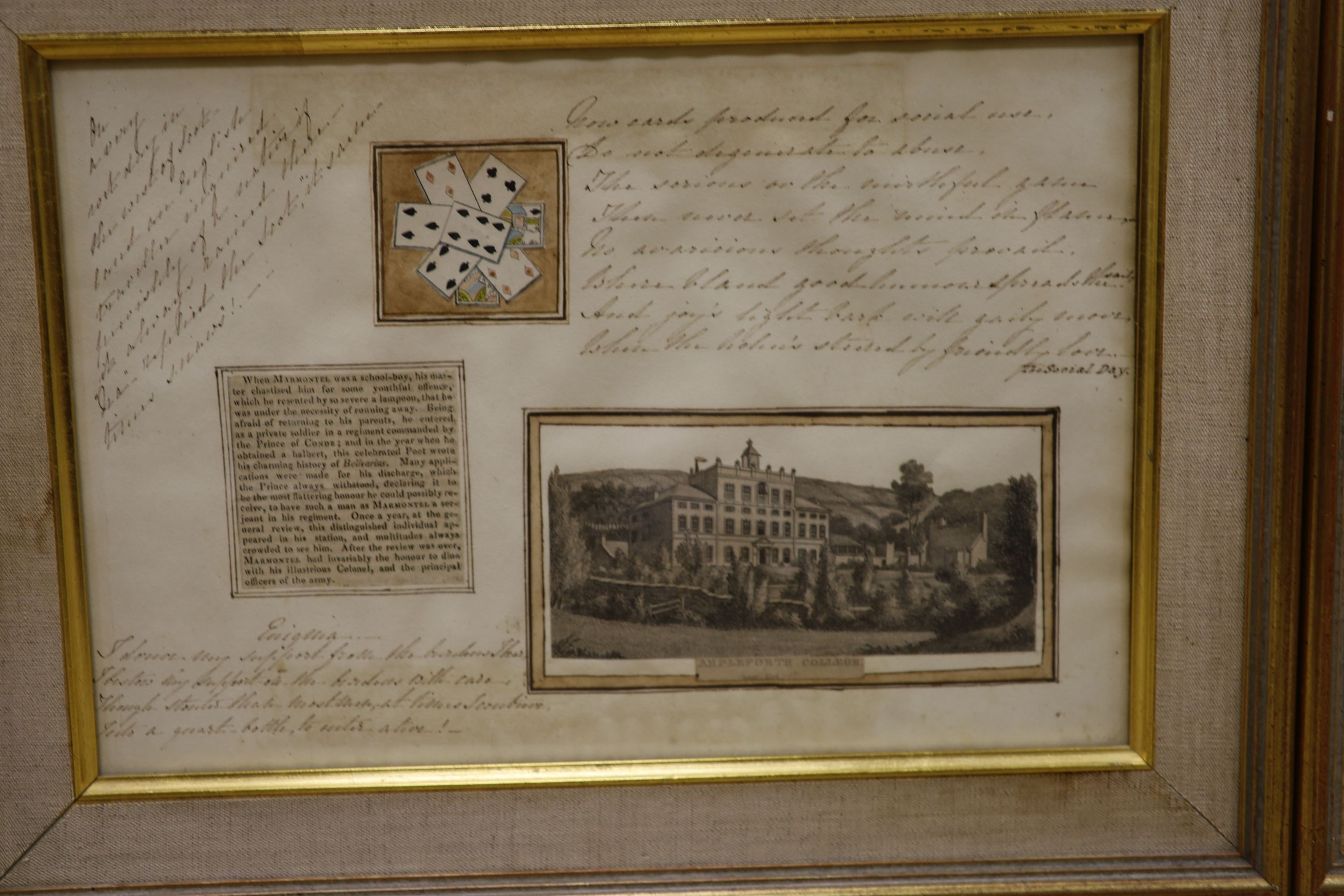 19th century English School, set of clin d’oeuil watercolour and collage panels, Poems, verses, and views of Ampleforth and Stoneyhurst, 22 x 33cm.